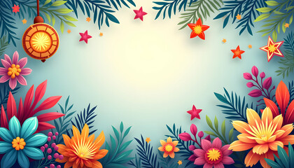 Obraz premium Vivid floral scene with colorful blossoms, palm leaves, hanging lantern, and star accents