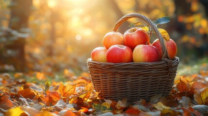 Autumn Abundance: A Basket of Ripe Apples Resting on a Bed of Colorful Autumn Leaves in a Sun-Drenched Orchard