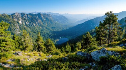 Obraz premium Mountain lake panorama, alpine vista, summer sunlight, tranquil background, nature travel scenery