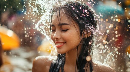 Fototapeta premium beautiful Asian woman splashing water during tradition festival Thai