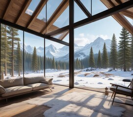 Fototapeta premium Glass walls of a cozy cabin offering a panoramic view of the snow-covered mountains and forest, snowy mountains, mountain view, reflective glass