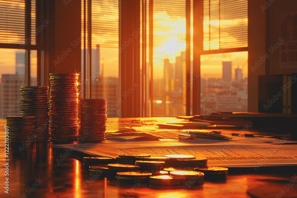 Poster stack of coins arranged in a neat pile on a flat surface representing savings investment and financi