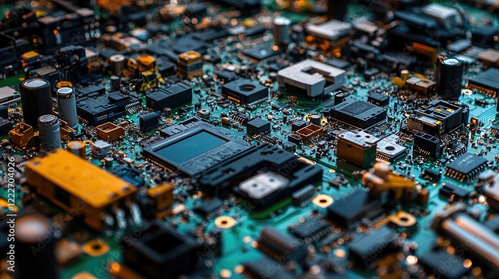 Poster waste management concept. close-up view of a colorful circuit board with various components and conn