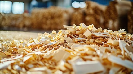 Waste management concept. Close-up of wood shavings on the factory floor, showcasing manufacturing processes.