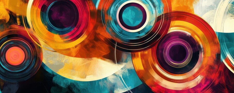 Colorful abstract circular patterns in dynamic geometric composition