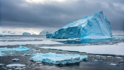 Glowing blue iceberg in the Antarctic ice sheet, frosty landscape, polar ice caps