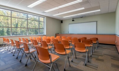 Empty Classroom with Rows of Orange Chairs and Desks