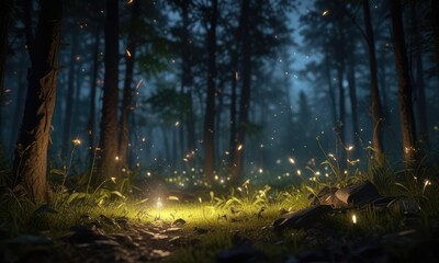 Obraz premium Glowing firefly amidst a swarm of fireflies in the forest at night, fireflies, ambient light