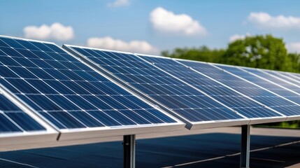 Clean energy idea. Close-up of solar panels harnessing sunlight in a clear blue sky.