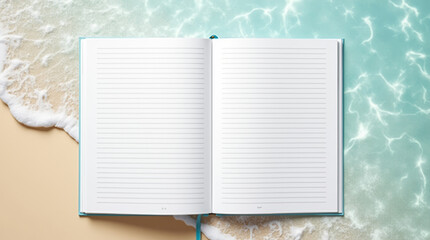 Blank writing book, summer vacation concept, planner, copy space, space for text