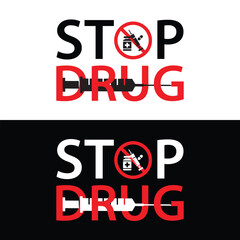 Stop Drugs logo silhouette of drug injection and tablet capsule on table Vector Illustration