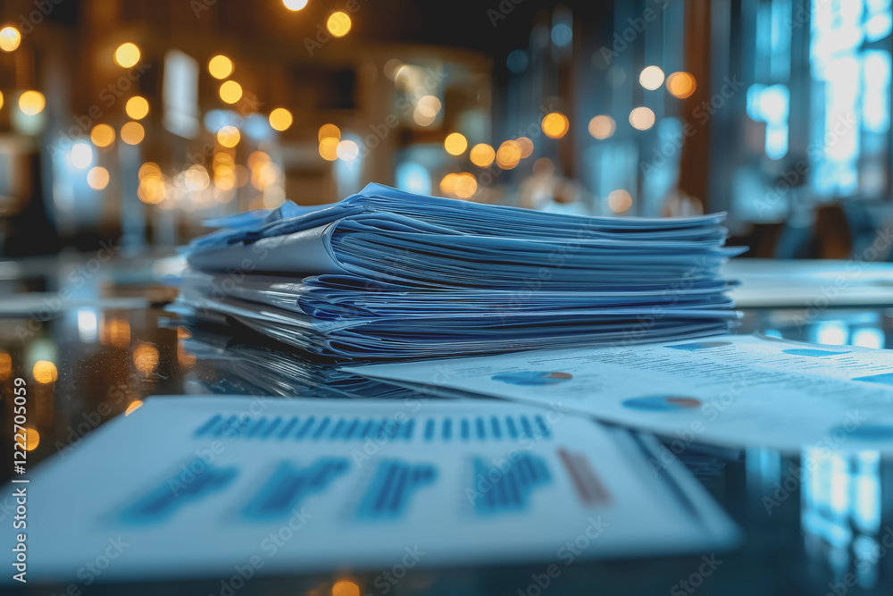 Poster stack of papers neatly arranged on a wooden table with a clean surface in an indoor setting for offi