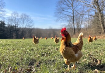 A Vibrant Rooster Stands Proudly in a Sunny Pasture Surrounded by Hens, Showcasing Rural Life and Poultry Farming Amidst a Beautiful Natural Landscape