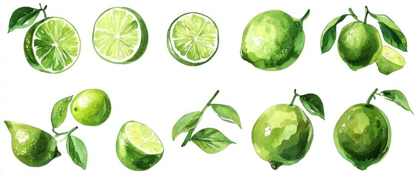 A collection of hand-painted lime illustrations showcasing various lime types and slices.