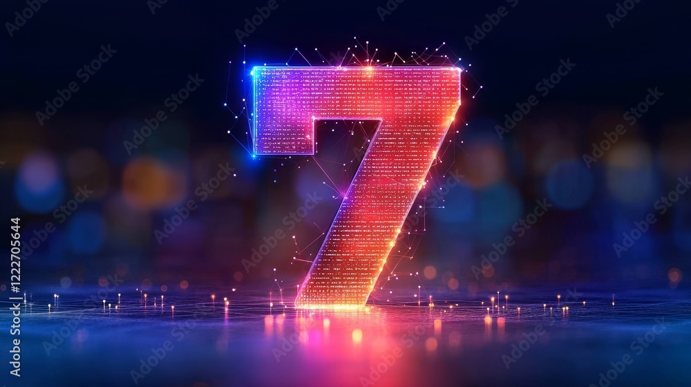 Poster glowing digital 3d number 7 in futuristic style with network connection on abstract background