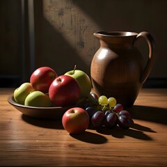 A rustic still life of a ceramic pitcher, apples, and grapes arranged on a wooden table with warm light streaming through, enhancing the natural textures.

