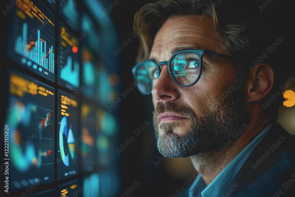Poster man sitting at desk looking at computer screen with focused expression in modern office environment 