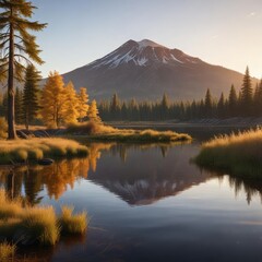 Fototapeta premium Golden hour at Willow Lake with view of Mount McLoughlin, nature, landscape, sunlight, reflection, dusk