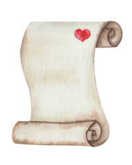 Watercolor illustration. Hand painted blank scrolled parchment from old beige paper with red heart. Letter, message. Postal, mail item. Love card for Valentine's Day, Christmas. Isolated clip art