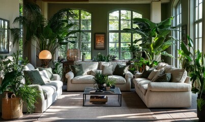 Fototapeta premium Interior of light living room with sofas, armchair and green plants