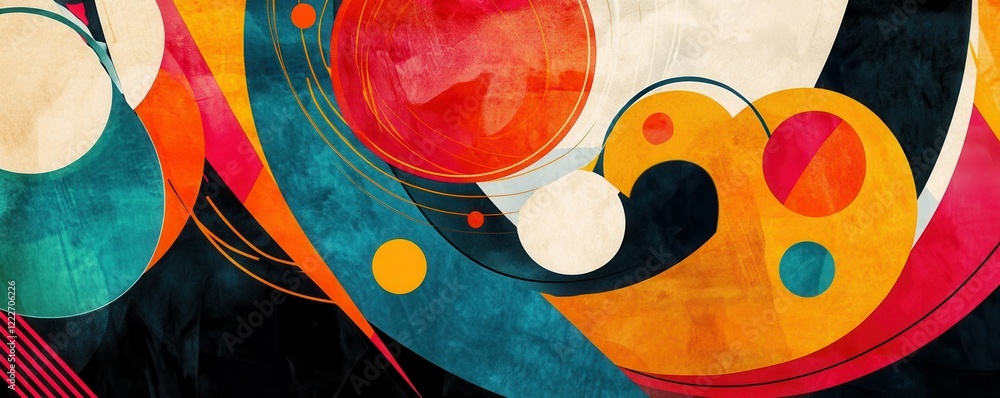 Poster abstract geometric artwork with vibrant colors and circular patterns