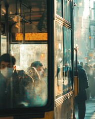 A commuter bus fully packed during a morning rush