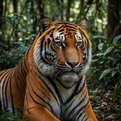Obraz premium A Malayan tiger rests peacefully in the forest, its vibrant orange fur and striking black stripes blending beautifully with the natural surroundings. This majestic creature, known for its grace and po