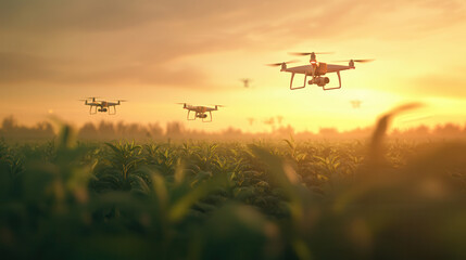 Fototapeta premium Drones flying over lush green field during sunset, showcasing advanced agricultural technology for crop monitoring and precision farming