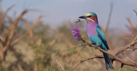 Fototapeta premium Graceful lilac breasted roller capturing insect in savanna, nature, insect, exotic