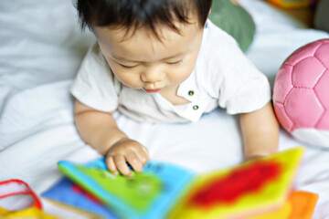 ファブリック絵本を読む赤ちゃん/Baby reading a fabric picture book