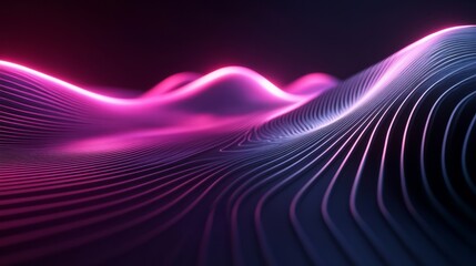 Futuristic 3D render of glowing wavy lines in a minimalistic neon space, with smooth curves and dark shadows 