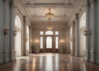 Obraz premium Grand entrance hall with high ceilings and intricate moldings , old wood, stone floor