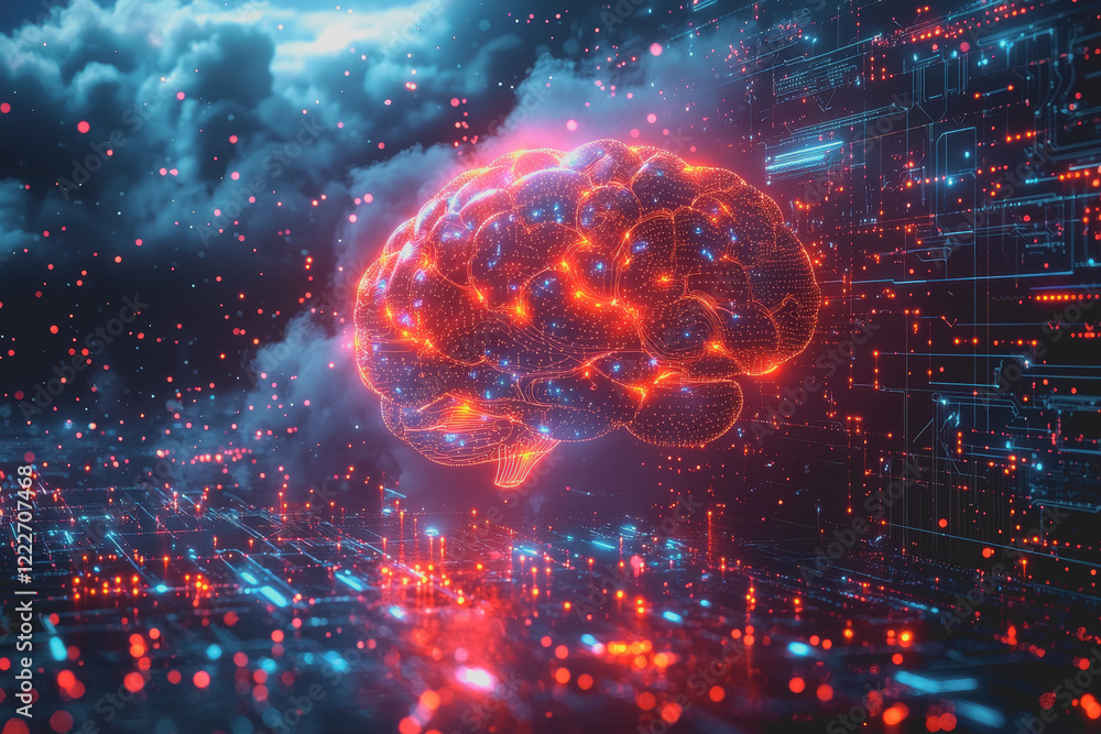 Poster brain positioned centrally in a dark room with shadows creating a mysterious atmosphere surrounding 