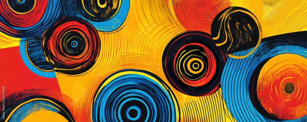 Poster vibrant abstract art with colorful swirls and circular patterns on yellow background