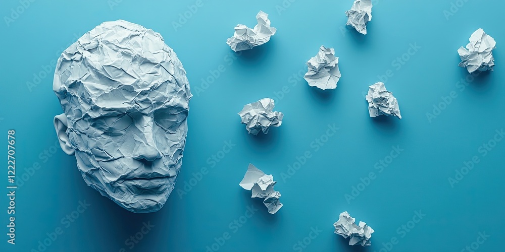 Poster crumpled paper and a textured white human head model on a bright blue background representing creati