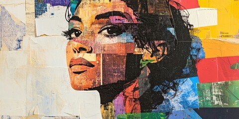 Colorful mixed media portrait showcasing a woman's face, composed of layered torn paper with vibrant hues of blue, yellow, green, and red.