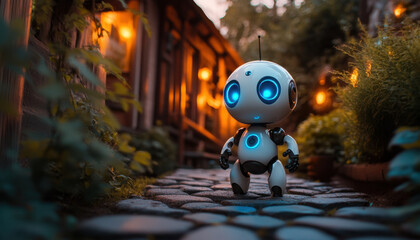 Charming robot with blue eyes walks along a stone path in a cozy garden during evening hours