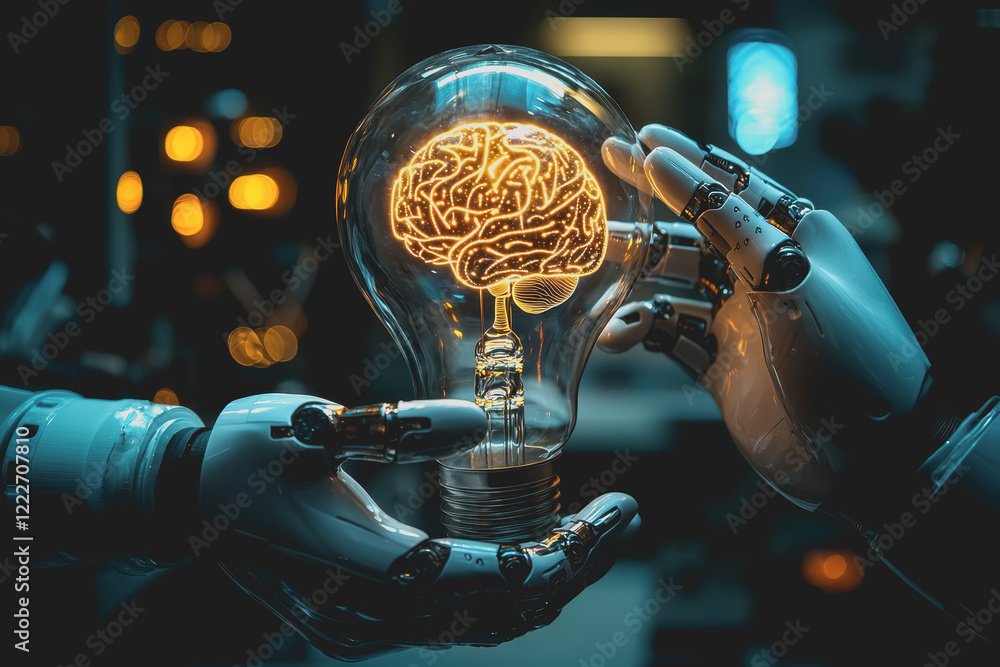 Poster robot holding a light bulb containing a brain symbolizing artificial intelligence and innovation in 