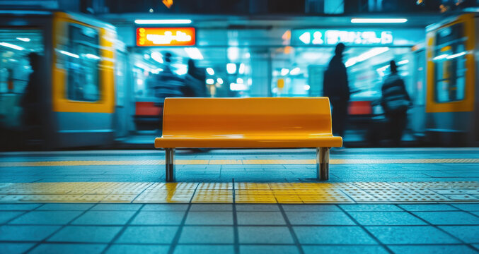Empty yellow subway bench awaiting passengers in a bustling transit station at dusk