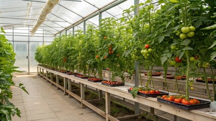 Greenhouse with a large variety of tomato plants arranged on shelves and tables, indoor gardening, agriculture, greenhouse, shelf arrangement, plant display