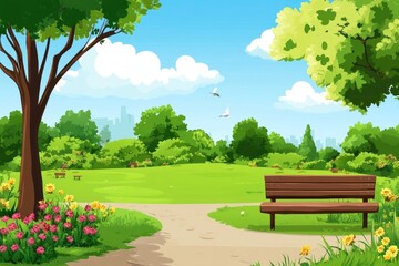 Serene park landscape with bench.