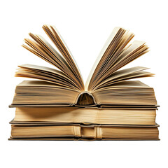 Pile of books with one book open, isolated on white background, isolated on white background 