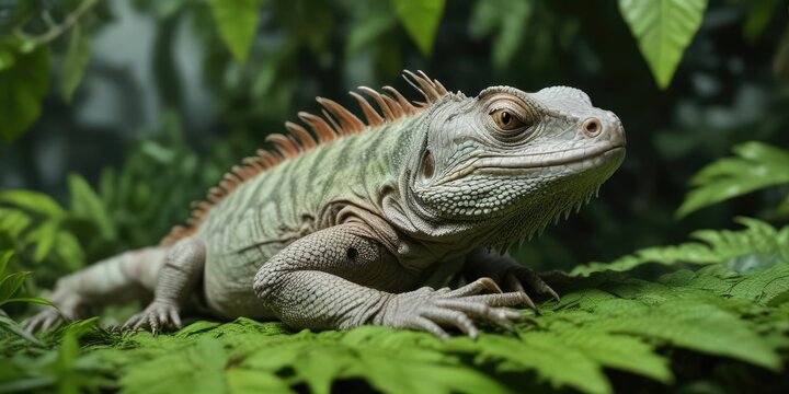 Green lau banded iguana resting on a lush green leaf, green lau banded iguana, green vegetation