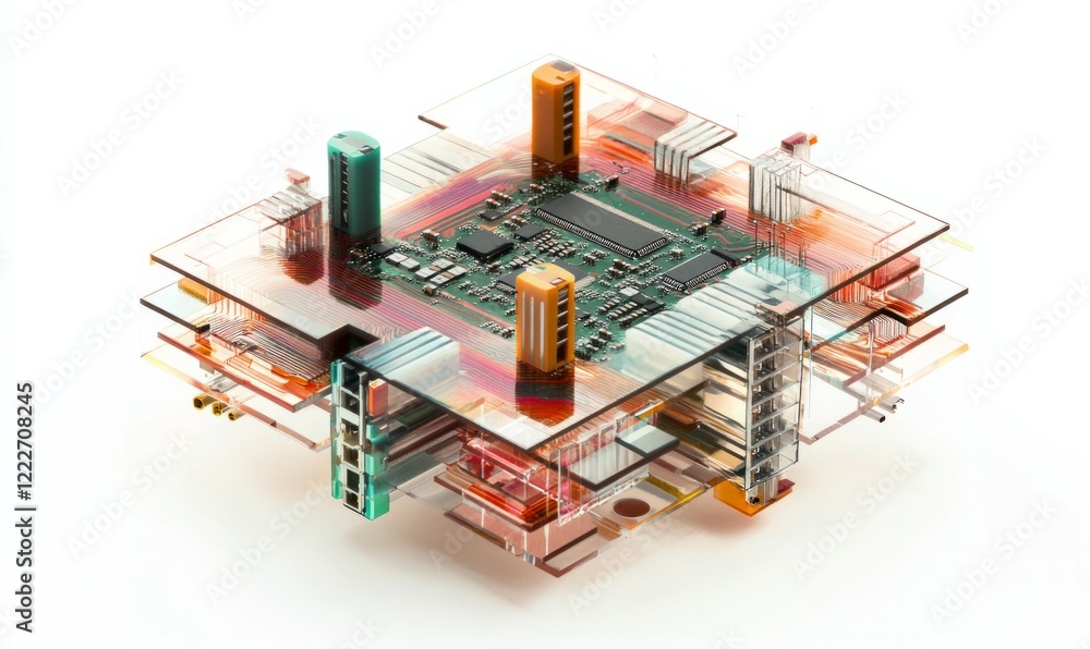 Poster isolated chip with layered circuits and connectors on white background