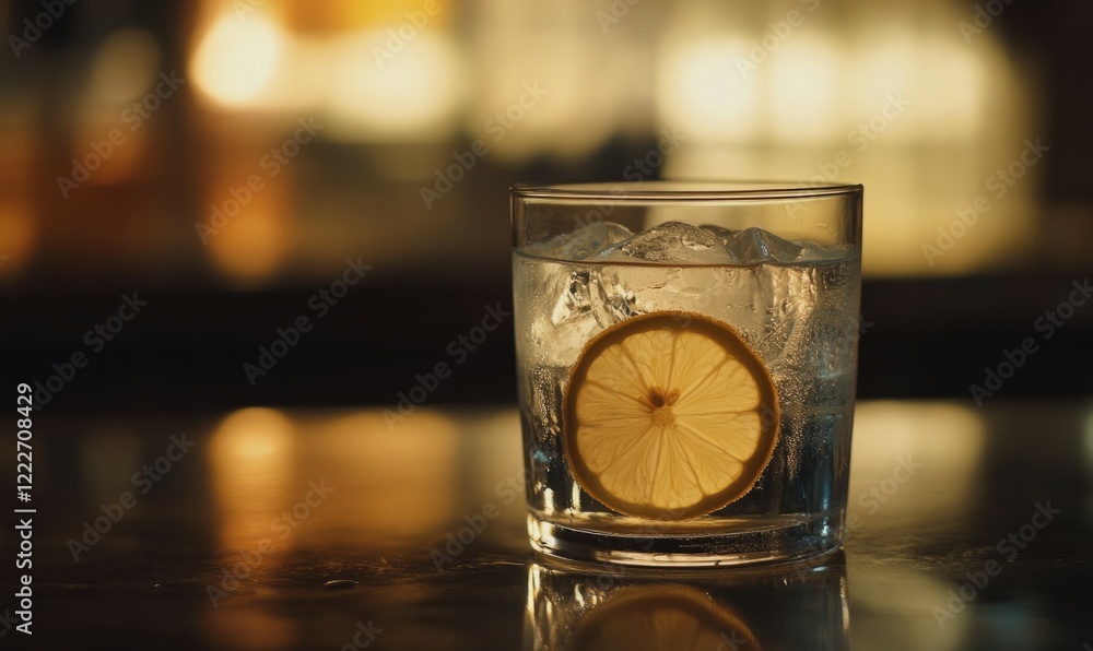 Poster glass of water with a slice of lemon floating in it. the water is cold and the lemon slice is visibl