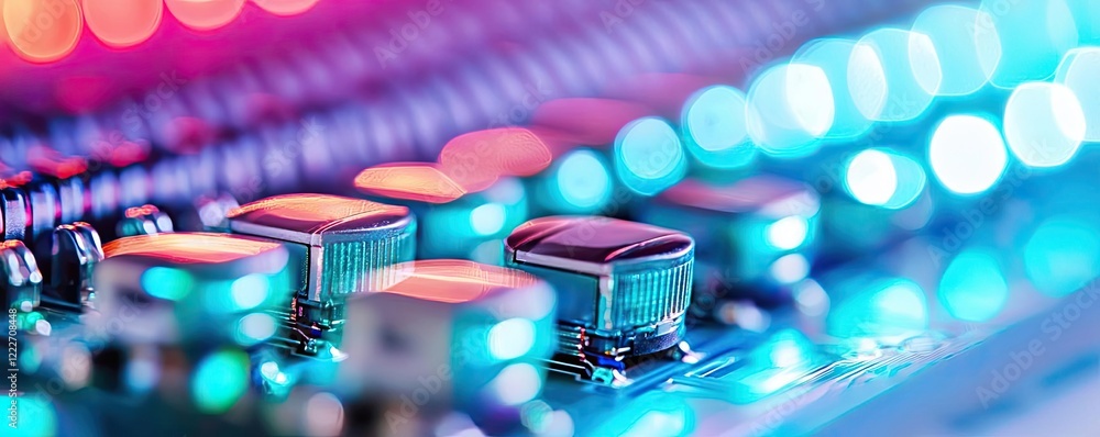 Poster clean energy idea. close-up of illuminated control panel buttons in vibrant colors and modern design