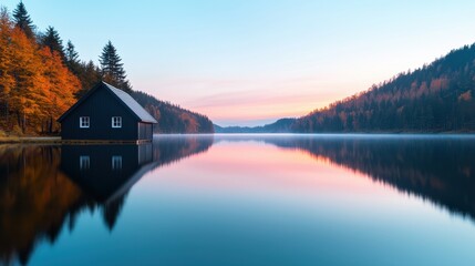 Fototapeta premium A serene lakeside view featuring a cabin surrounded by autumn trees, reflecting the colorful sky and calm water at sunrise.