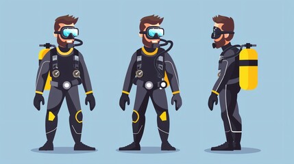 Cheerful scuba diver in cartoon style. Joyful man standing in scuba gear.