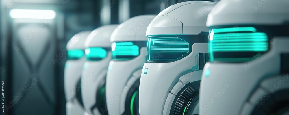 Poster eco-friendly technology idea. close-up of futuristic robots with neon lights in a sci-fi environment