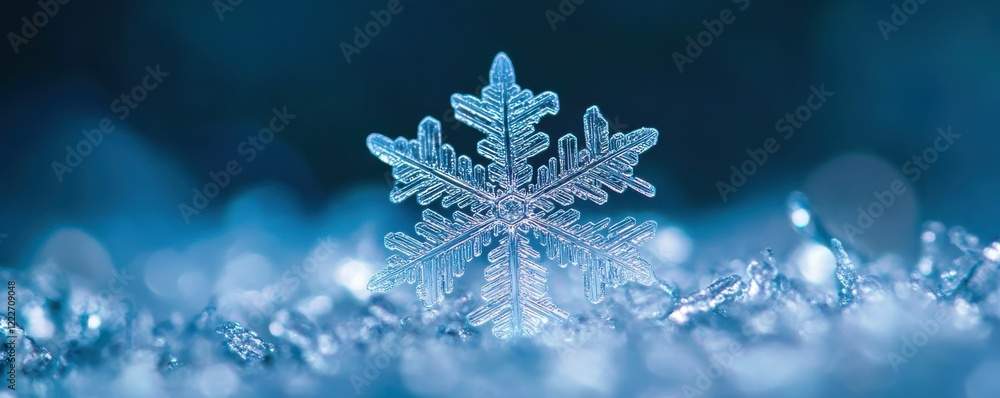 Poster macro view of intricate snowflake crystal on glittering frosty background